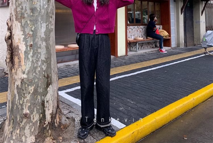 Cable Knit Cardigan Button-Up Plain