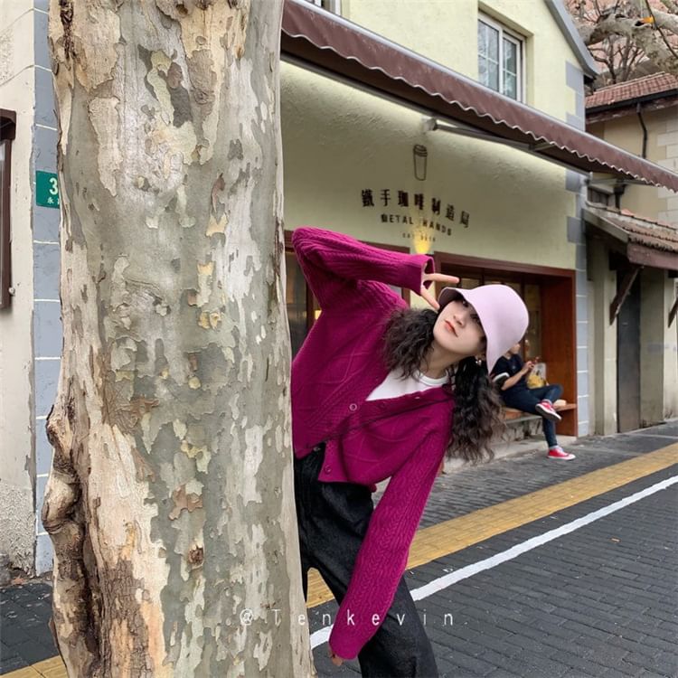 Cable Knit Cardigan Button-Up Plain