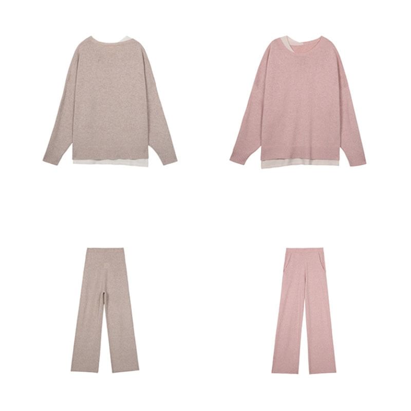 Leg T-Shirt Wide + Two-Tone Crew Long-Sleeve Set: Pants High Neck Waist