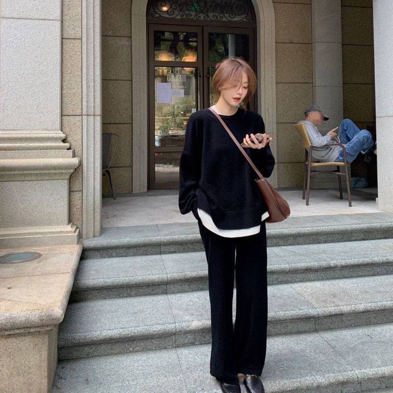 Leg T-Shirt Wide + Two-Tone Crew Long-Sleeve Set: Pants High Neck Waist