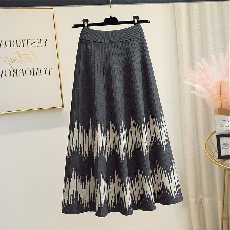 Waist Printed Skirt A-Line Knit Midi High