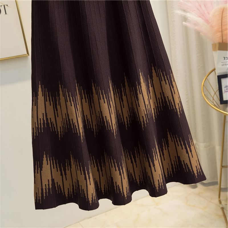 Waist Printed Skirt A-Line Knit Midi High