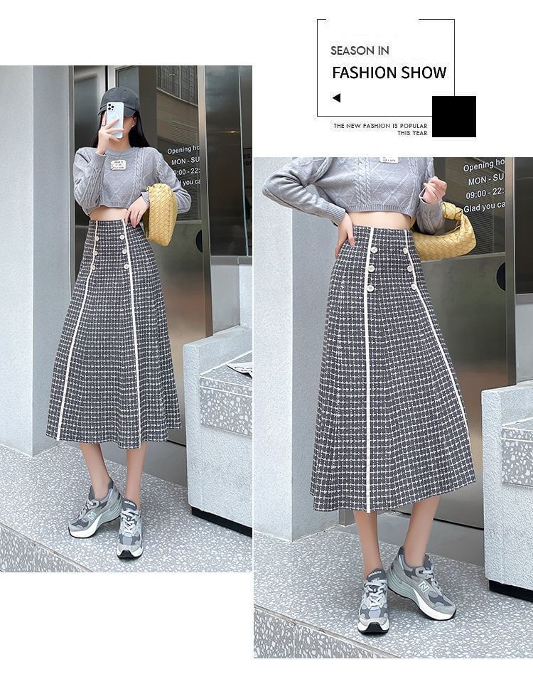 Skirt Knit Plaid High Waist Midi A-Line