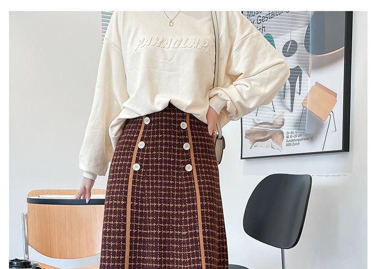 Skirt Knit Plaid High Waist Midi A-Line