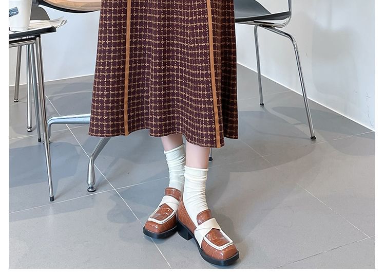 Skirt Knit Plaid High Waist Midi A-Line