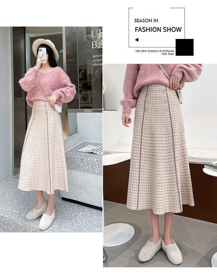 Skirt Knit Plaid High Waist Midi A-Line