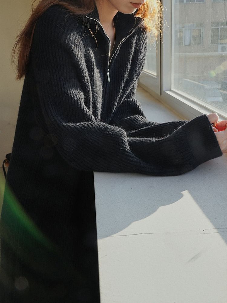 Midi Half-Zip Dress Ribbed Long-Sleeve Sweater Plain