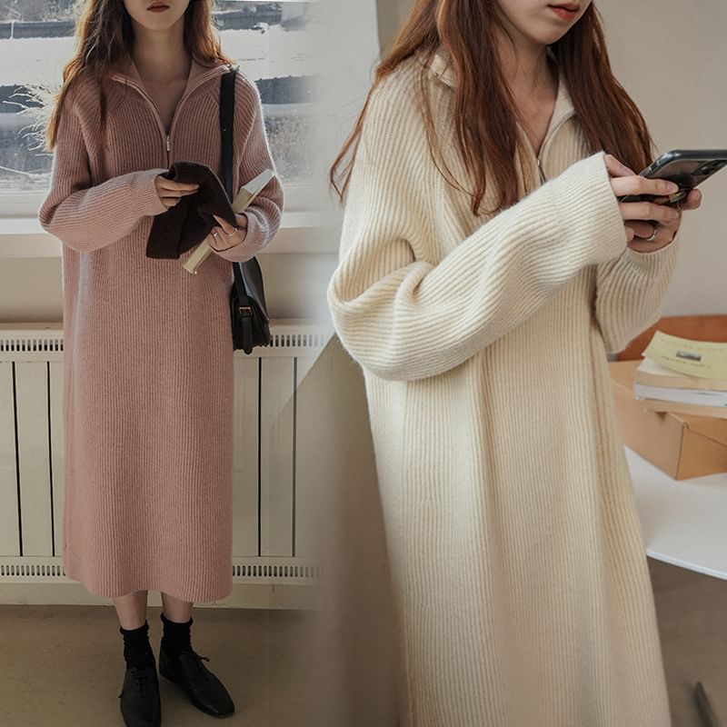 Midi Half-Zip Dress Ribbed Long-Sleeve Sweater Plain