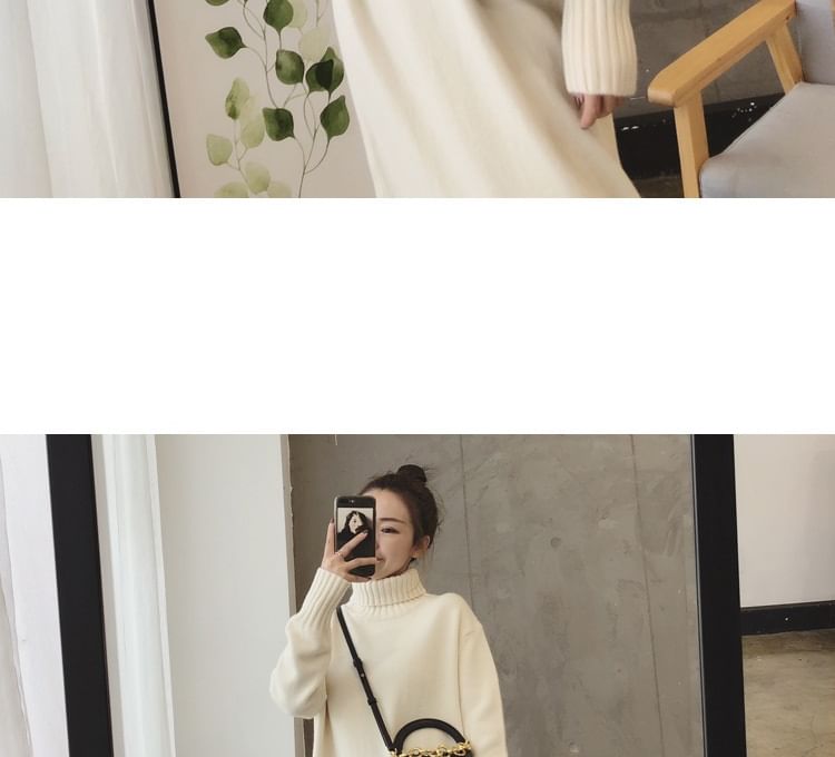 Turtleneck Plain Long-Sleeve Sweater Midi Dress