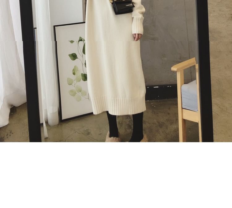 Turtleneck Plain Long-Sleeve Sweater Midi Dress