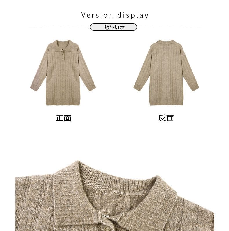 Mini Sweater Dress Polo-Neck Plain Long-Sleeve