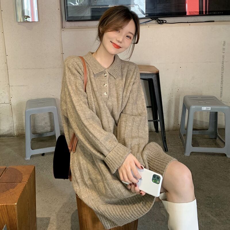 Mini Sweater Dress Polo-Neck Plain Long-Sleeve