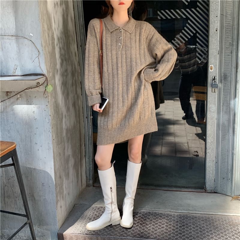 Mini Sweater Dress Polo-Neck Plain Long-Sleeve