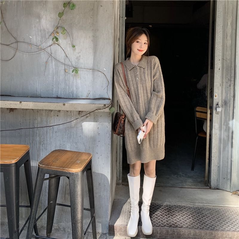 Mini Sweater Dress Polo-Neck Plain Long-Sleeve