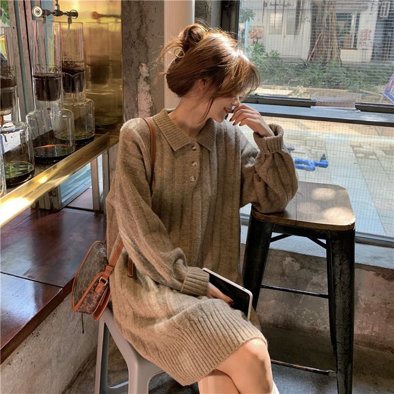 Mini Sweater Dress Polo-Neck Plain Long-Sleeve