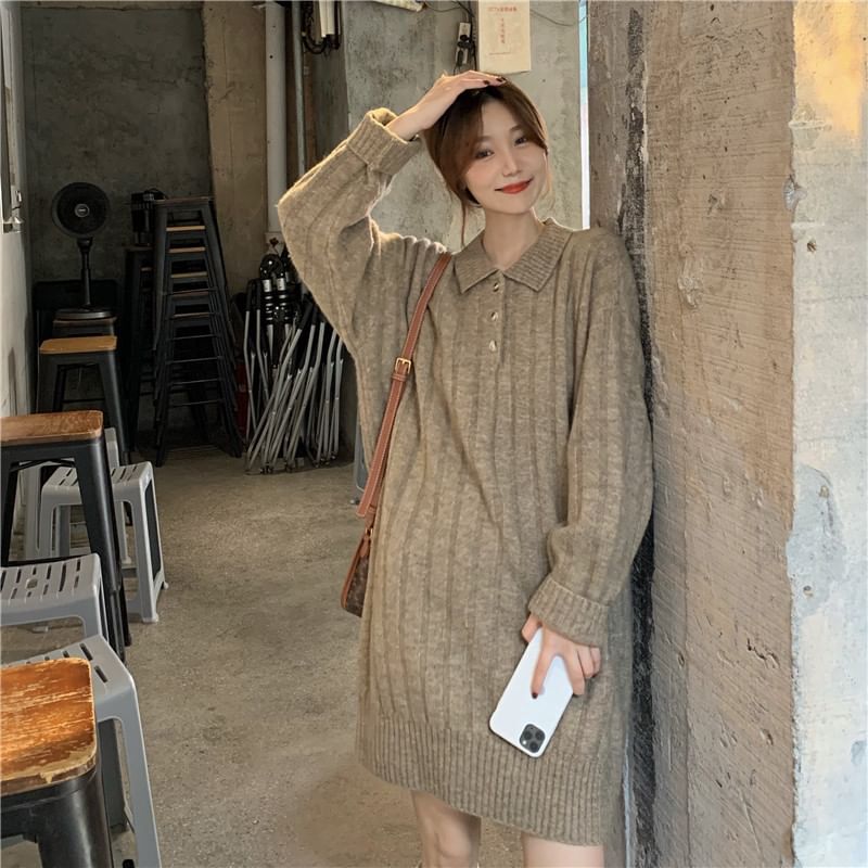 Mini Sweater Dress Polo-Neck Plain Long-Sleeve