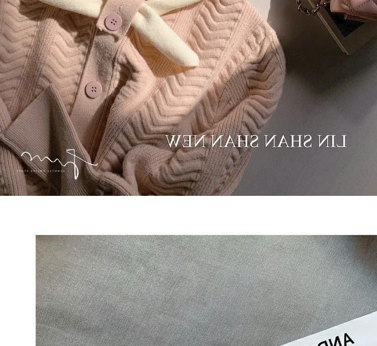 Puff-Sleeve Plain Button-Up Knit Tie-Neck Midi Dress