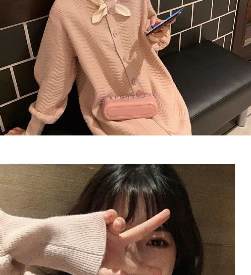 Puff-Sleeve Plain Button-Up Knit Tie-Neck Midi Dress