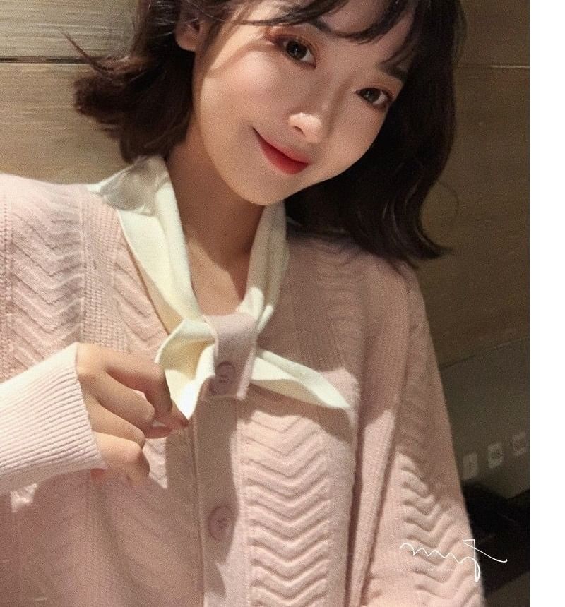 Puff-Sleeve Plain Button-Up Knit Tie-Neck Midi Dress