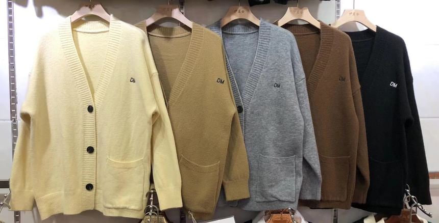 Button-Up Cardigan V-Neck Letter Embroidered