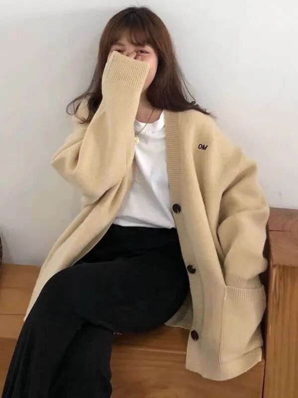 Button-Up Cardigan V-Neck Letter Embroidered