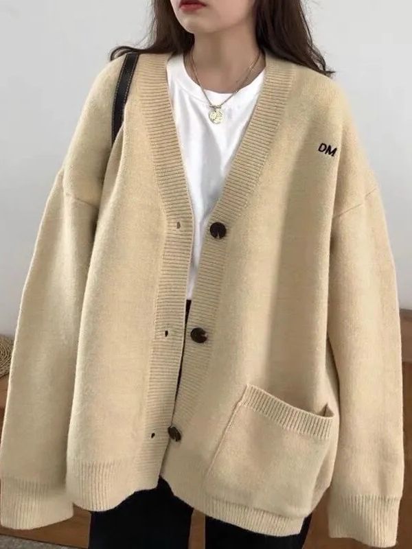 Button-Up Cardigan V-Neck Letter Embroidered