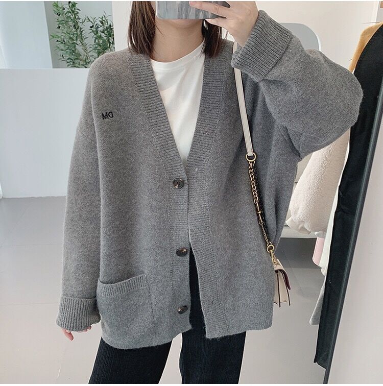 Button-Up Cardigan V-Neck Letter Embroidered