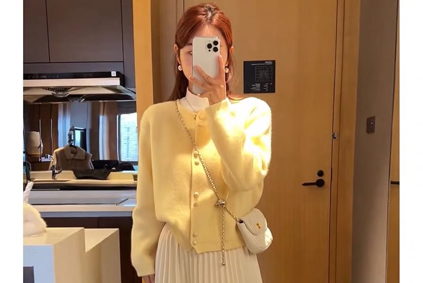 Plain Buttoned Cardigan Faux Pearl