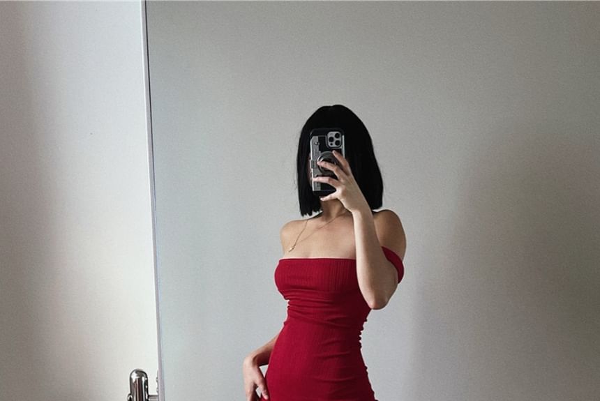 Plain Off Sheath Dress Shoulder Midi