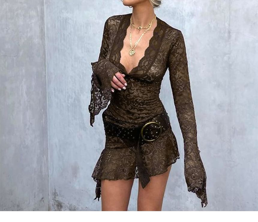 V-Neck Dress Mini Long-Sleeve Bodycon Lace