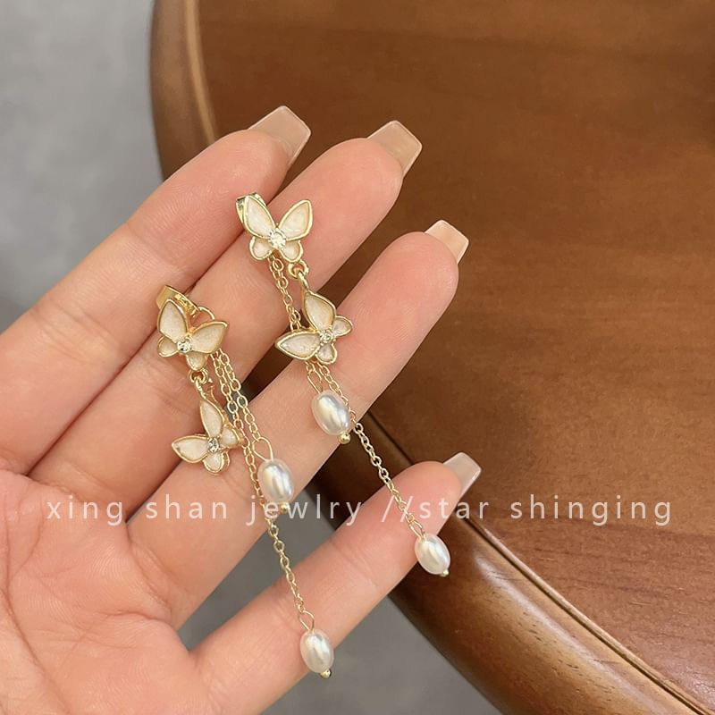 Butterfly Earring Drop Faux Clip / On Pearl