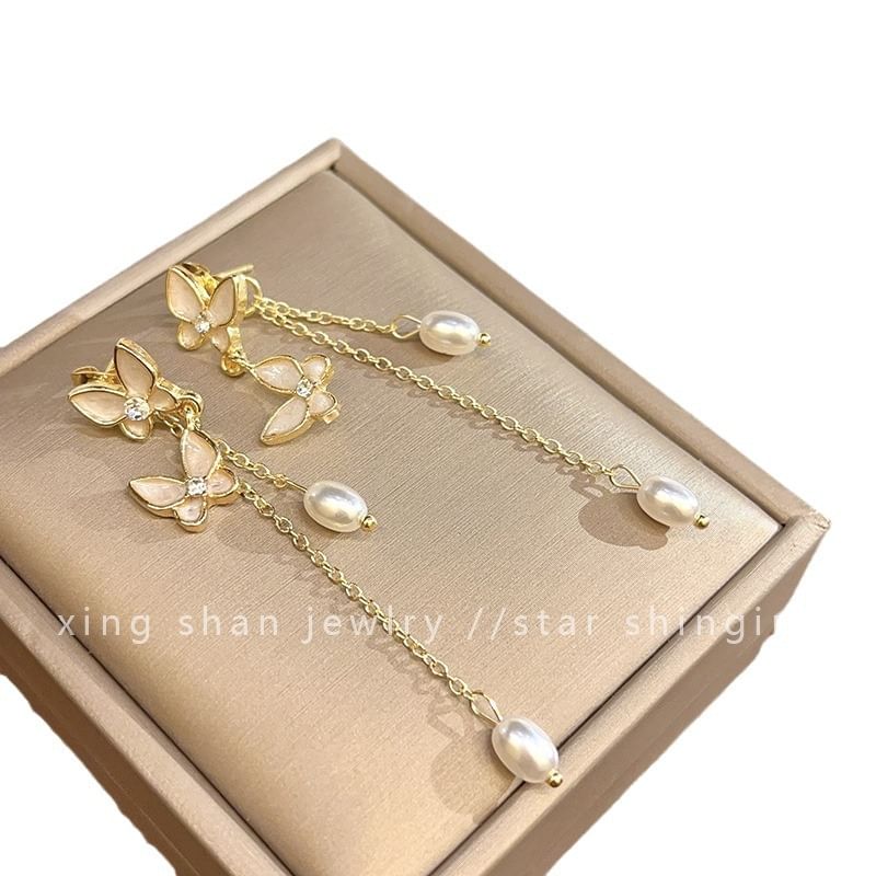 Butterfly Earring Drop Faux Clip / On Pearl