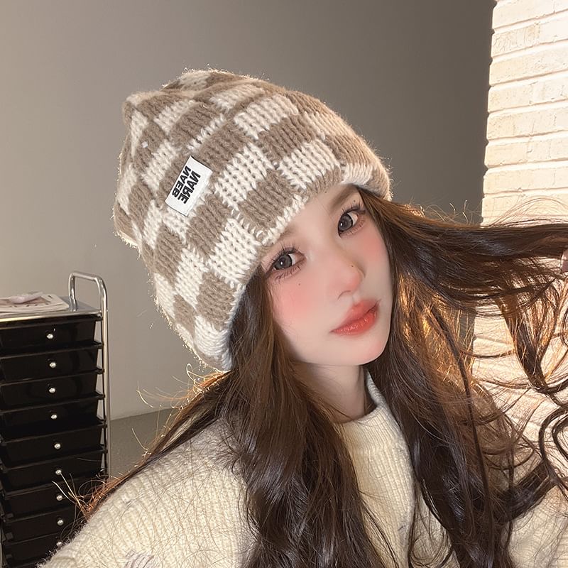 Checker Beanie Knit Lettering Applique