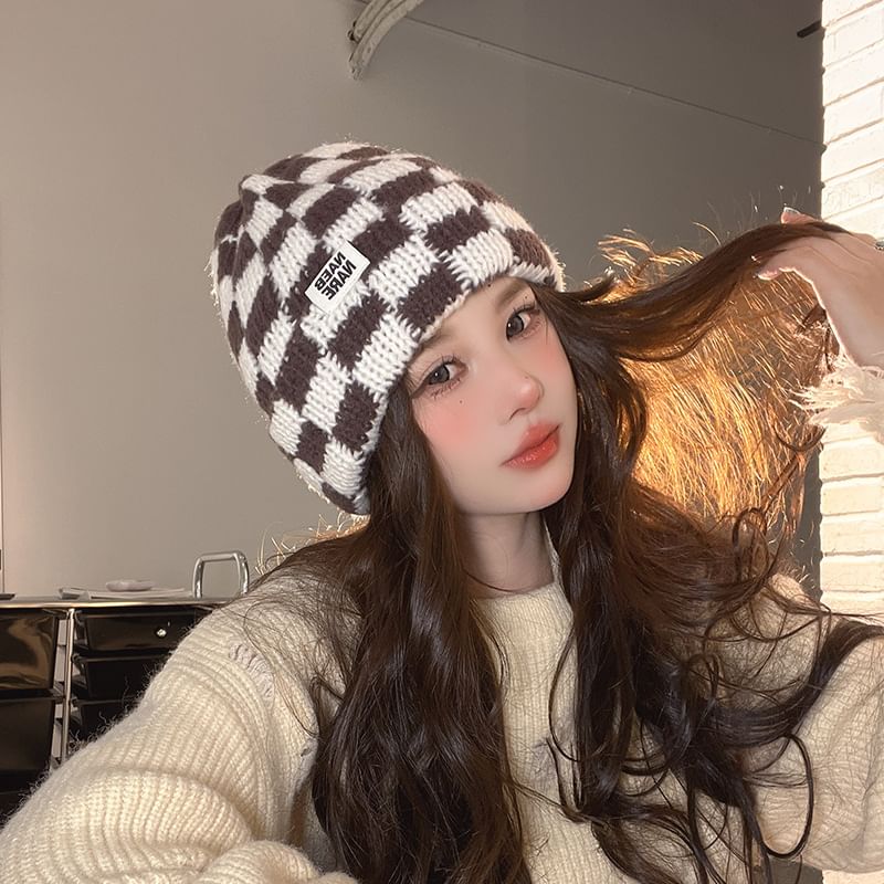 Checker Beanie Knit Lettering Applique