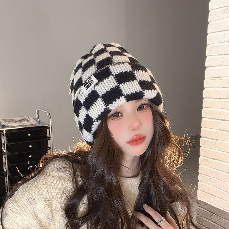 Checker Beanie Knit Lettering Applique