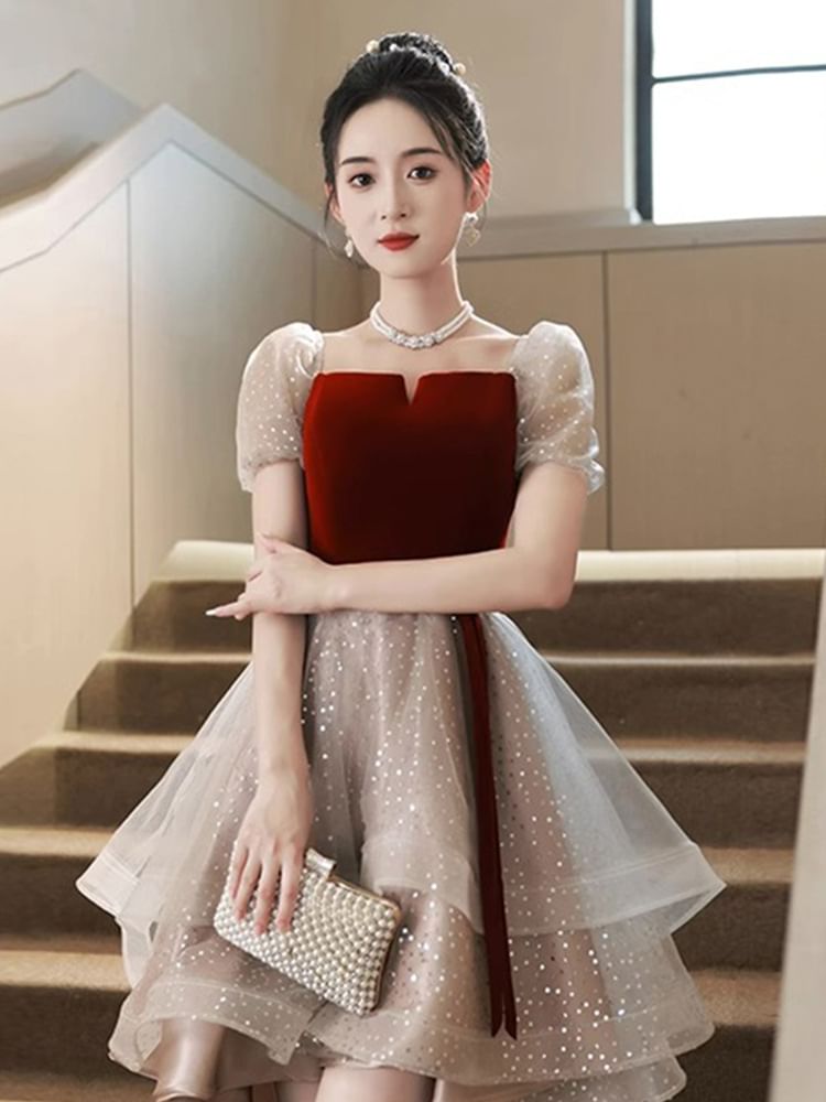 Short-Sleeve Square Neck Ruffle Velvet Panel Mesh A-Line Cocktail Dress / Evening Gown