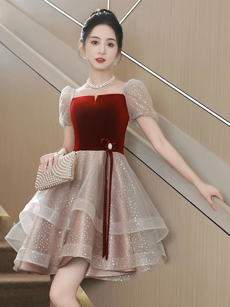 Short-Sleeve Square Neck Ruffle Velvet Panel Mesh A-Line Cocktail Dress / Evening Gown