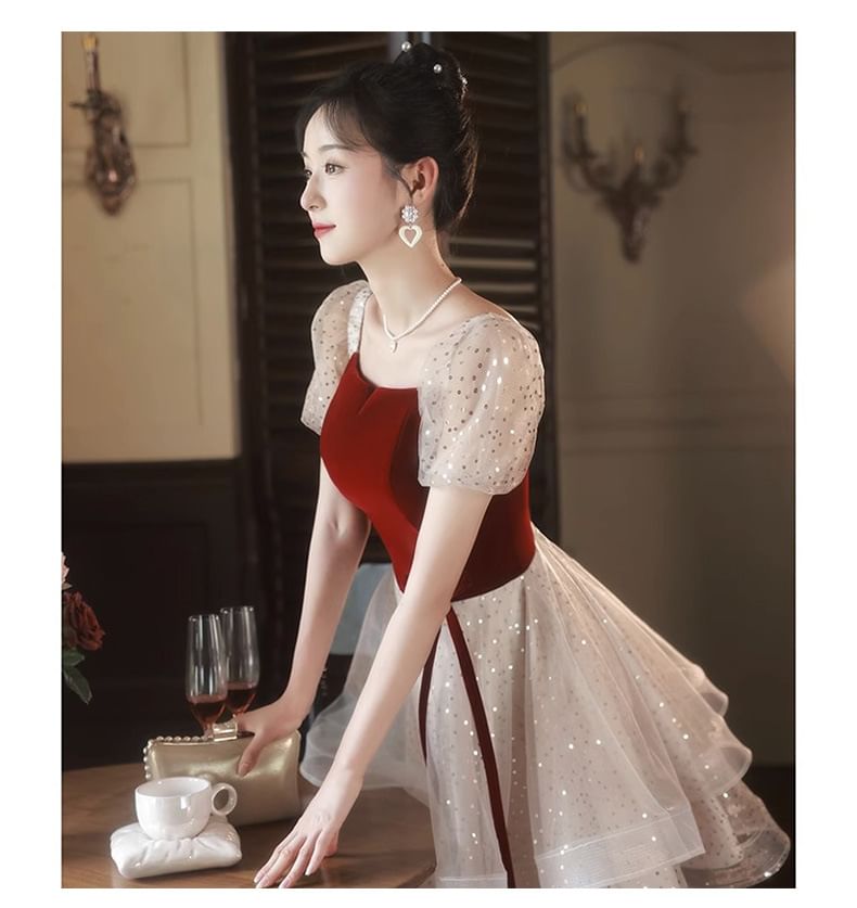 Short-Sleeve Square Neck Ruffle Velvet Panel Mesh A-Line Cocktail Dress / Evening Gown