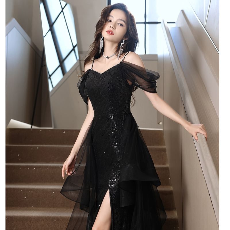 Short-Sleeve Cold Shoulder Plain Sequin Ruffle Slit Mesh A-Line Evening Gown