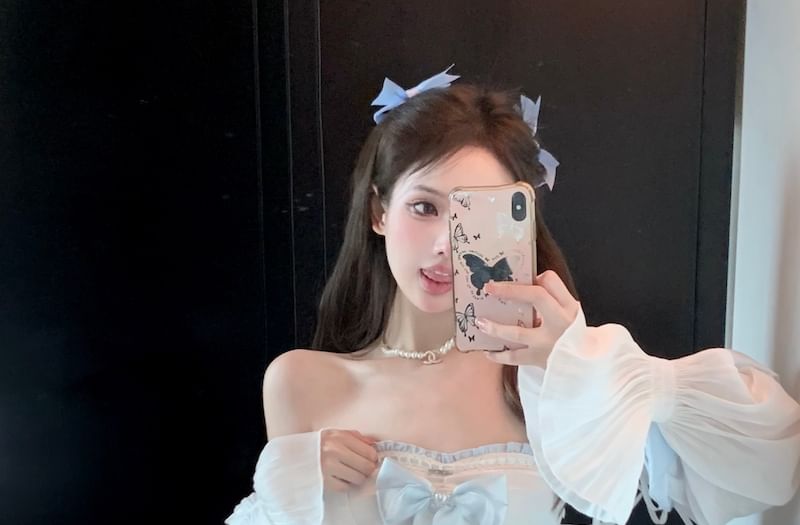 Off-Shoulder Trim Lace Tone Puff-Sleeve A-Line Dress Lace-Up Patterned Belt Corset Mini Two /