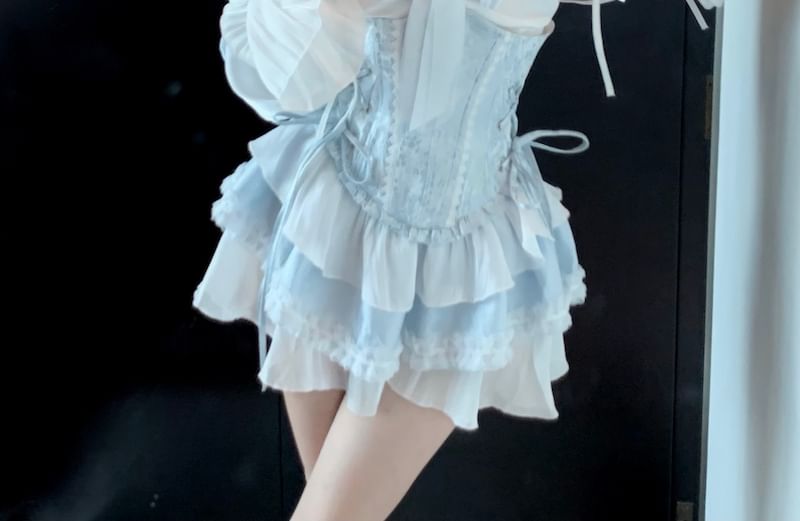 Off-Shoulder Trim Lace Tone Puff-Sleeve A-Line Dress Lace-Up Patterned Belt Corset Mini Two /