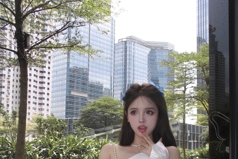 Off-Shoulder Trim Lace Tone Puff-Sleeve A-Line Dress Lace-Up Patterned Belt Corset Mini Two /