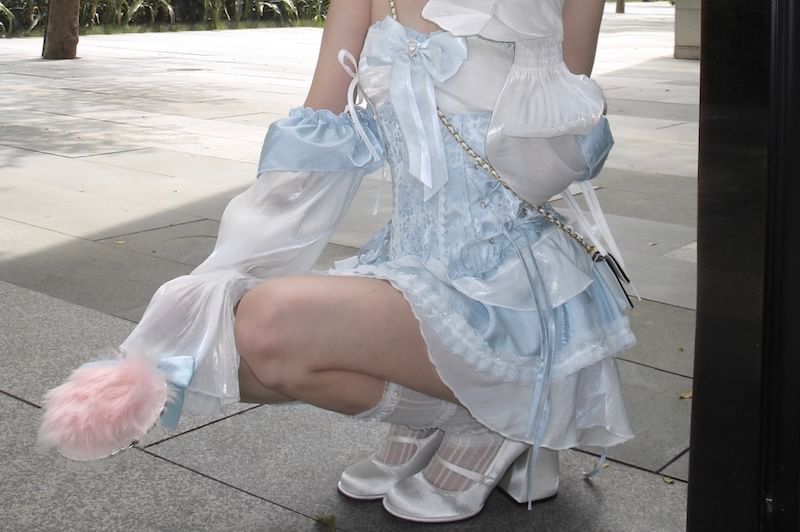 Off-Shoulder Trim Lace Tone Puff-Sleeve A-Line Dress Lace-Up Patterned Belt Corset Mini Two /