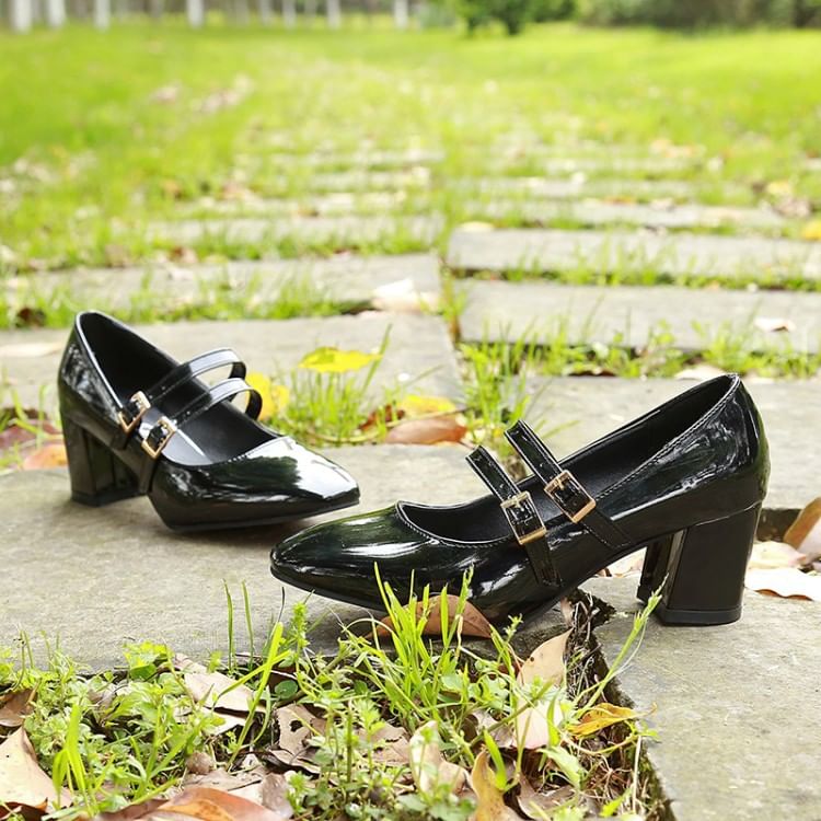 Double Strap Jane Shoes Heel Chunky Mary
