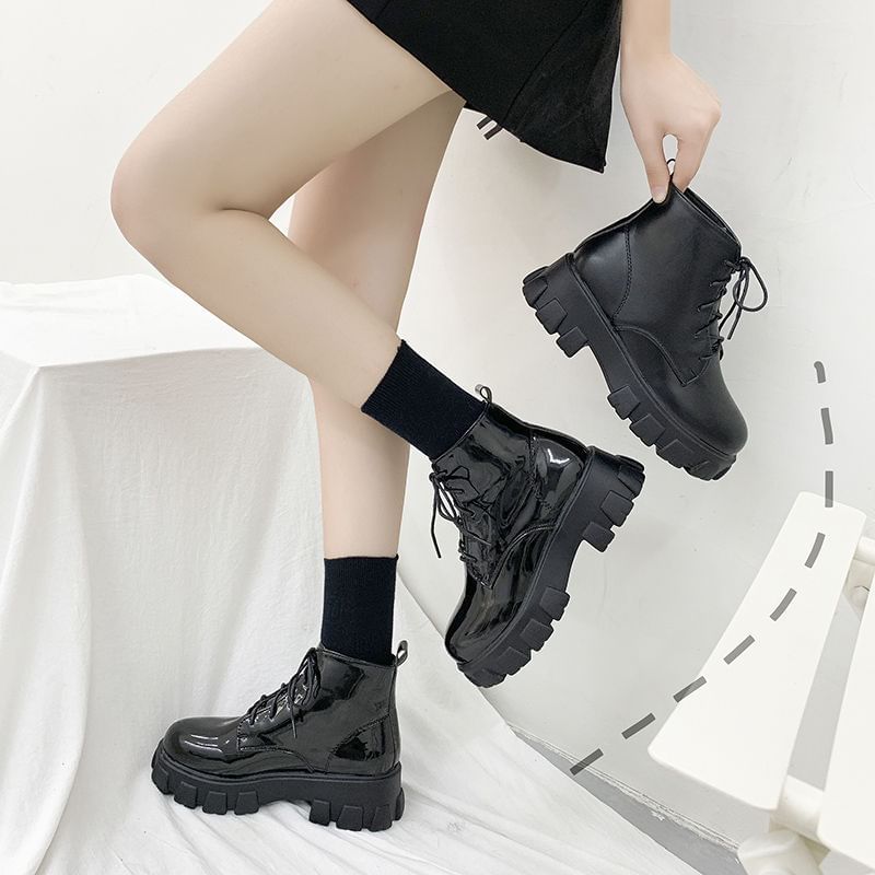 Short Boots Chunky Heel Platform Lace-Up