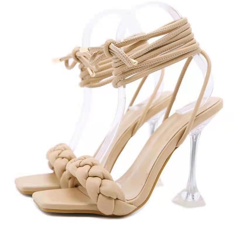 Sandals Braided Heel High Square-Toe