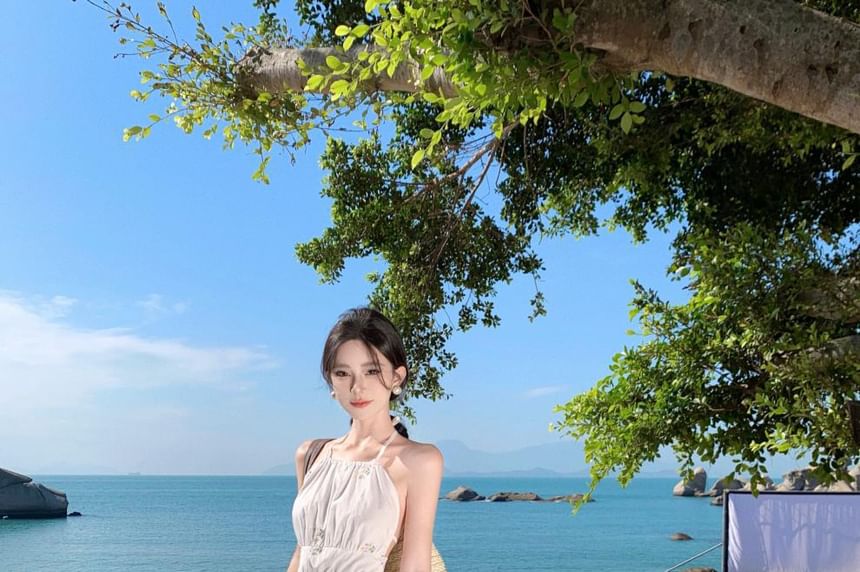 Embroidered Dress Halter Midi Neck A-Line