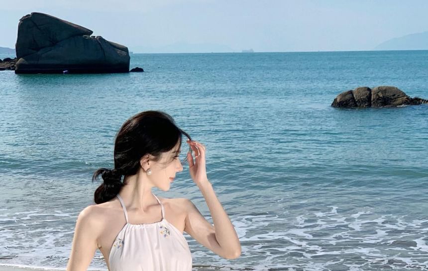 Embroidered Dress Halter Midi Neck A-Line