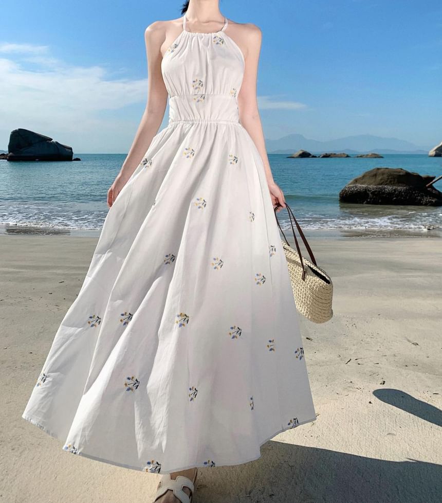 Embroidered Dress Halter Midi Neck A-Line
