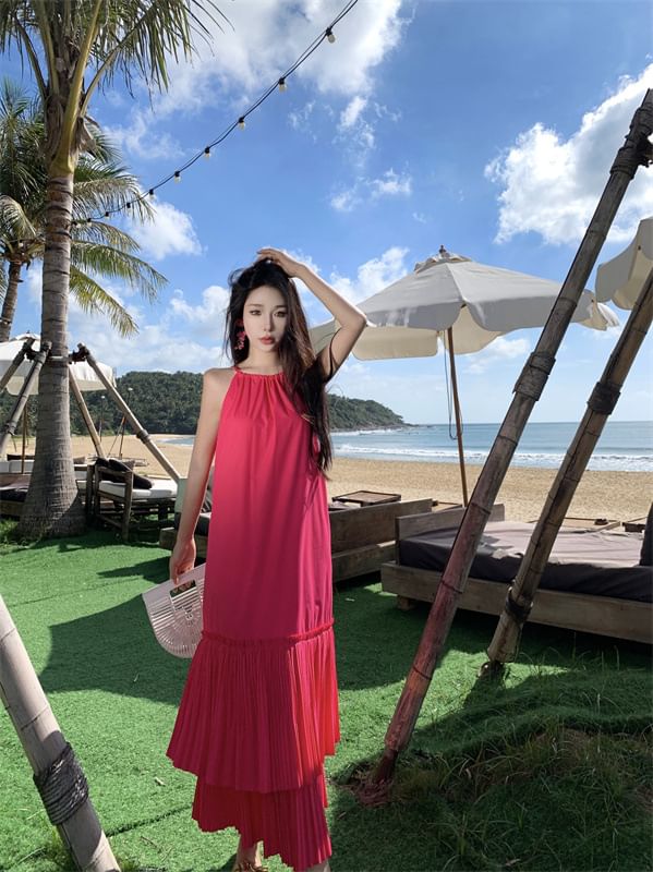 Sleeveless Dress Tiered Midi Plain